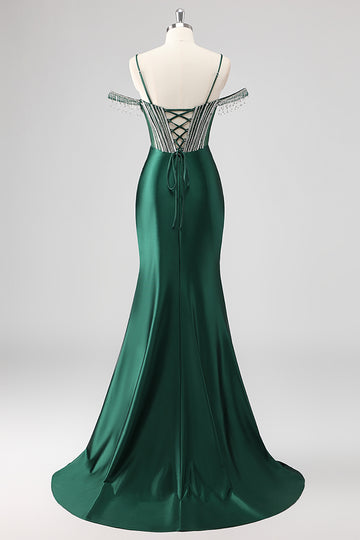 Sparkly Mermaid Cold Shoulder Beaded Dark Green Long Prom Dress with Slit